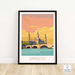 Zaragoza Spain poster featuring iconic landmarks with a vintage design, perfect for travel-inspired wall art.