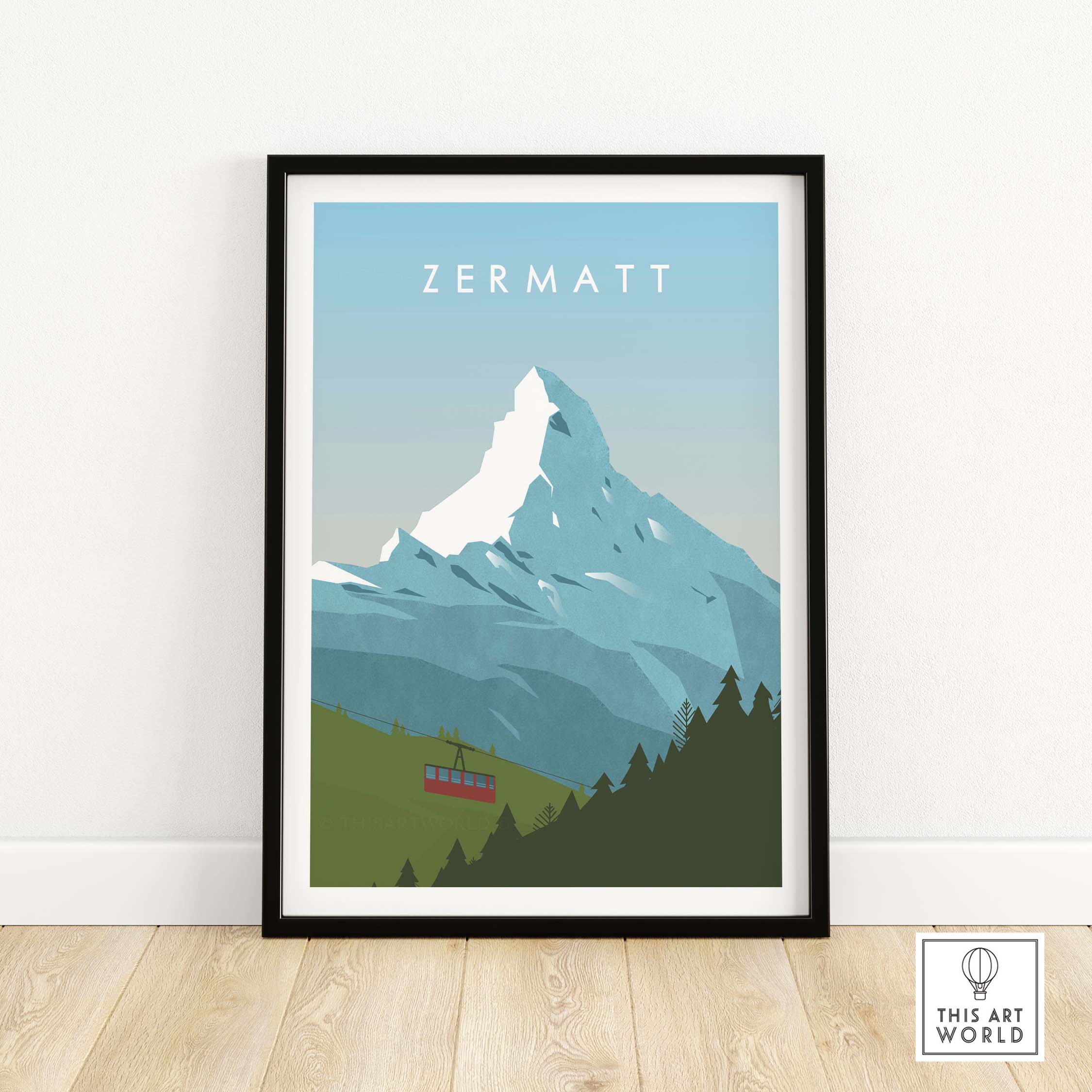 Zermatt Print Wall Art Poster featuring a mountain and cable car, framed in a stylish design for home decor.
