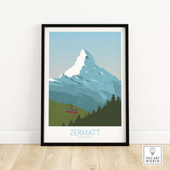 Zermatt Poster Switzerland Print showcasing Matterhorn Peak with vintage style design for travel art decor.