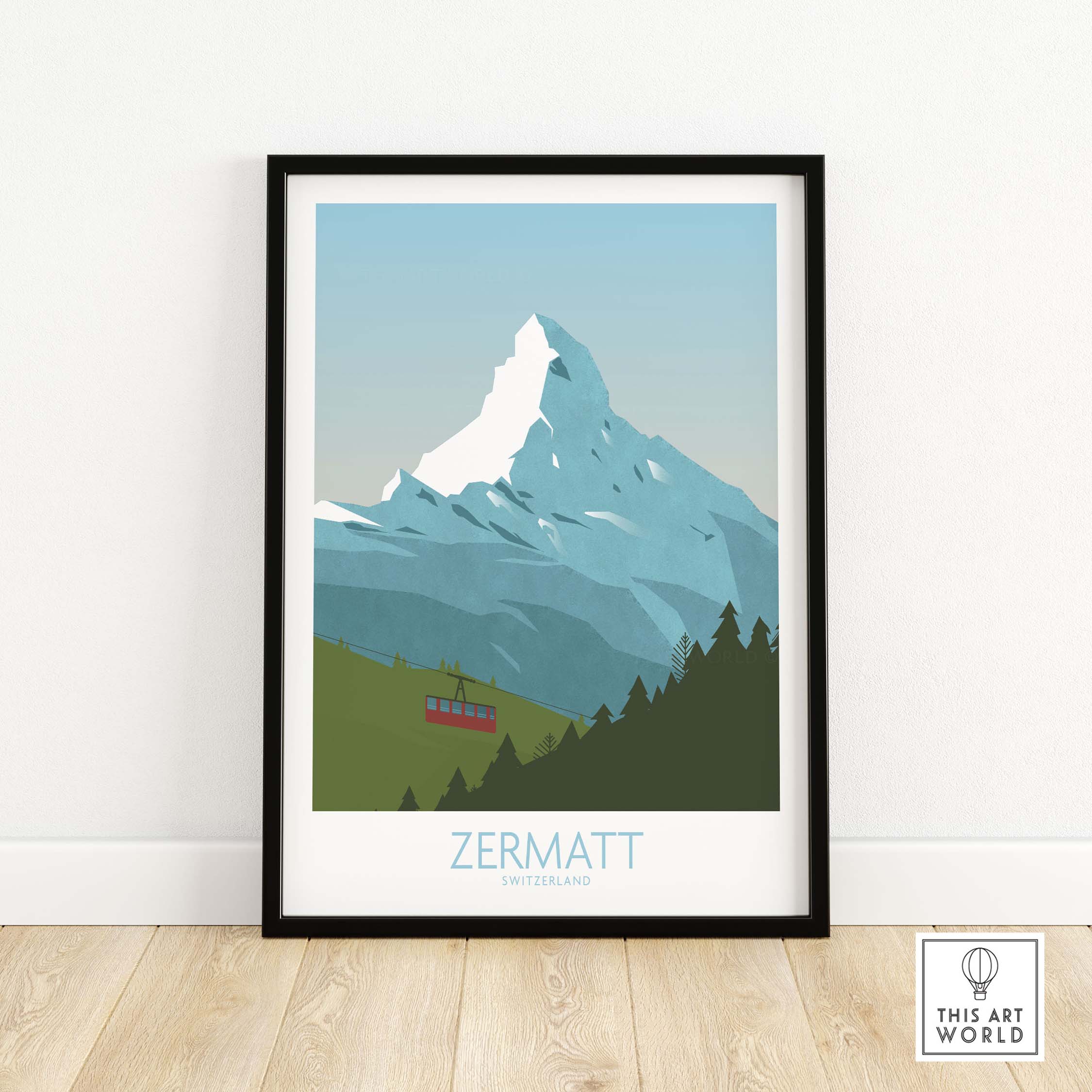Zermatt Poster Switzerland Print showcasing Matterhorn Peak with vintage style design for travel art decor.