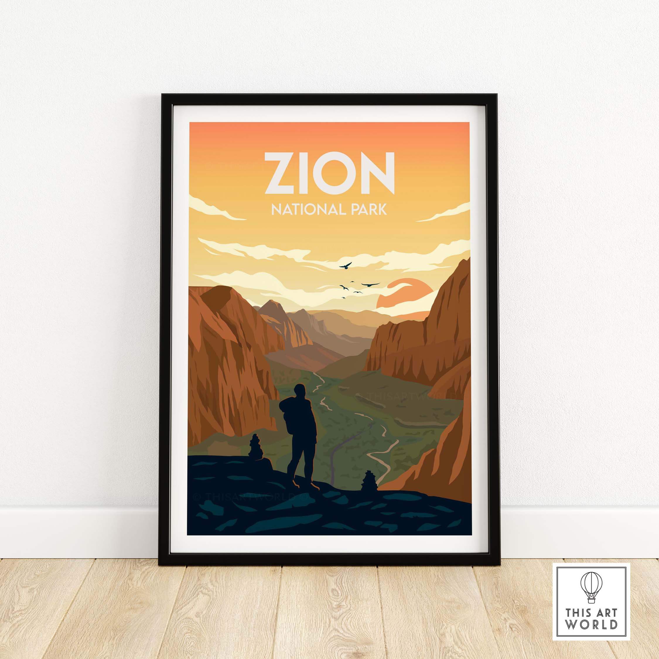 Zion National Park poster featuring a minimalist design with a scenic landscape and a hiker silhouette.