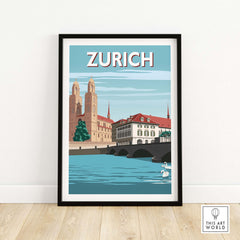 Zurich Switzerland travel poster print featuring iconic architecture and scenic river view in a minimalist style.