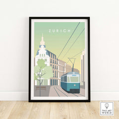 Zurich Print Wall Art Poster showcasing a vintage-style tram and cityscape, ideal for home or office decor.