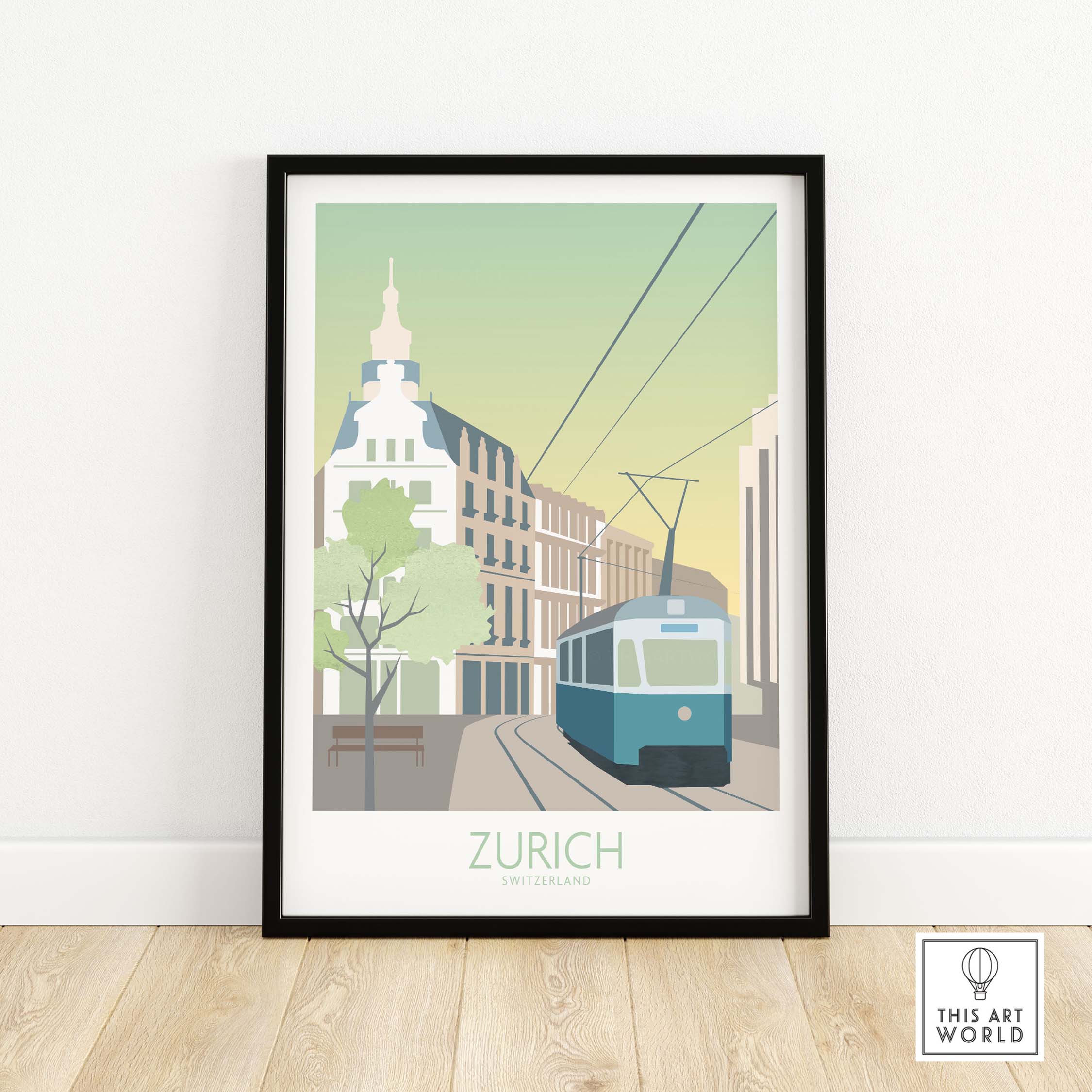 Zurich Print Travel Poster featuring a tram in a vintage style, ideal for home or office decor.