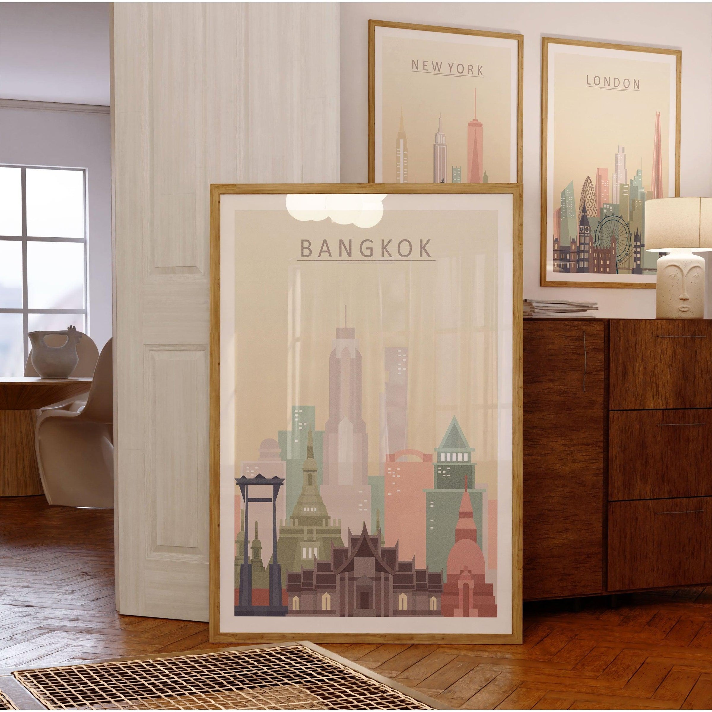 Bangkok skyline poster print in warm pastel tones, showcasing iconic architecture and city beauty.