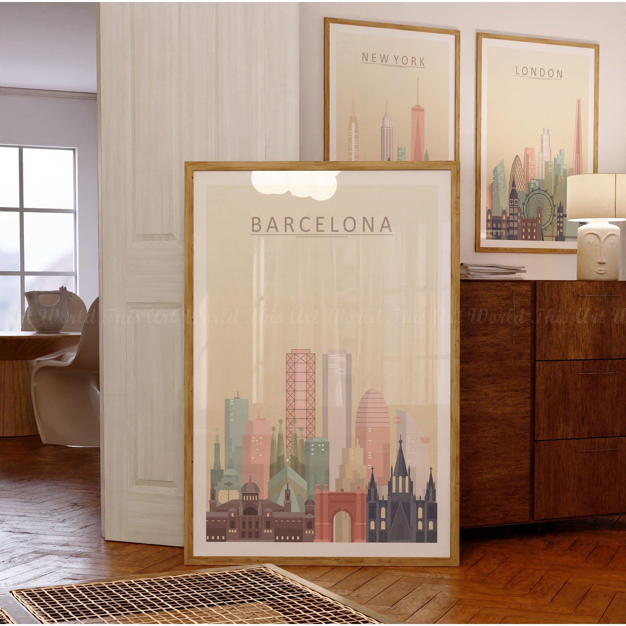 Barcelona skyline wall art print in pastel tones, featuring iconic landmarks in a stylish interior setting.