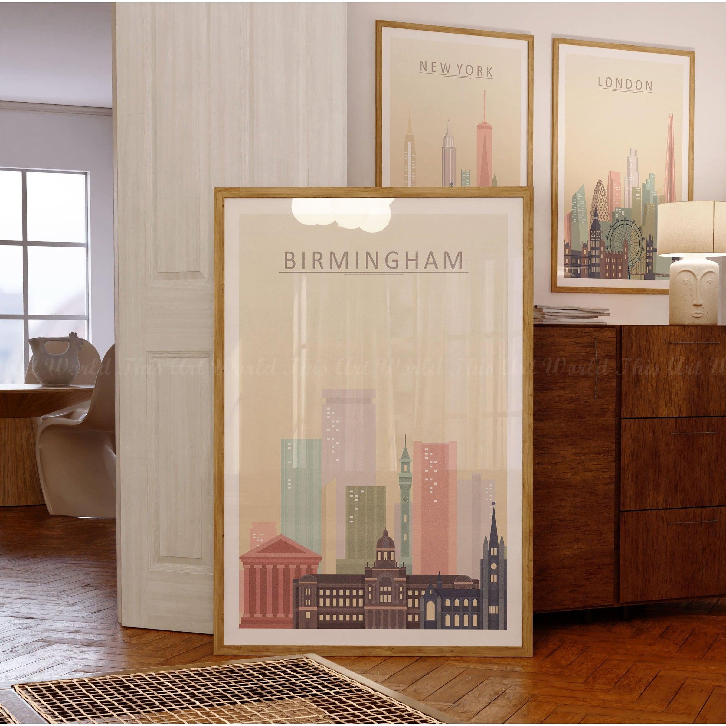 Birmingham Skyline Print showcasing iconic architecture in warm pastel tones, perfect for wall art decor.