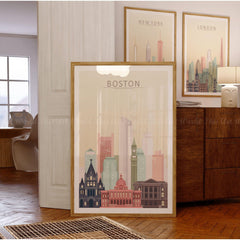 Boston skyline poster showcasing iconic architecture in warm pastel tones, perfect for stylish wall art decor.