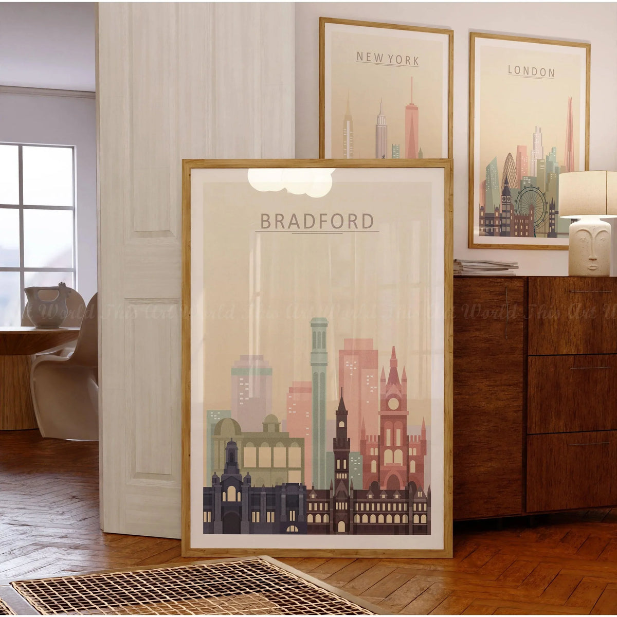 Bradford Print City Skyline Poster featuring iconic architectural landmarks in pastel tones.