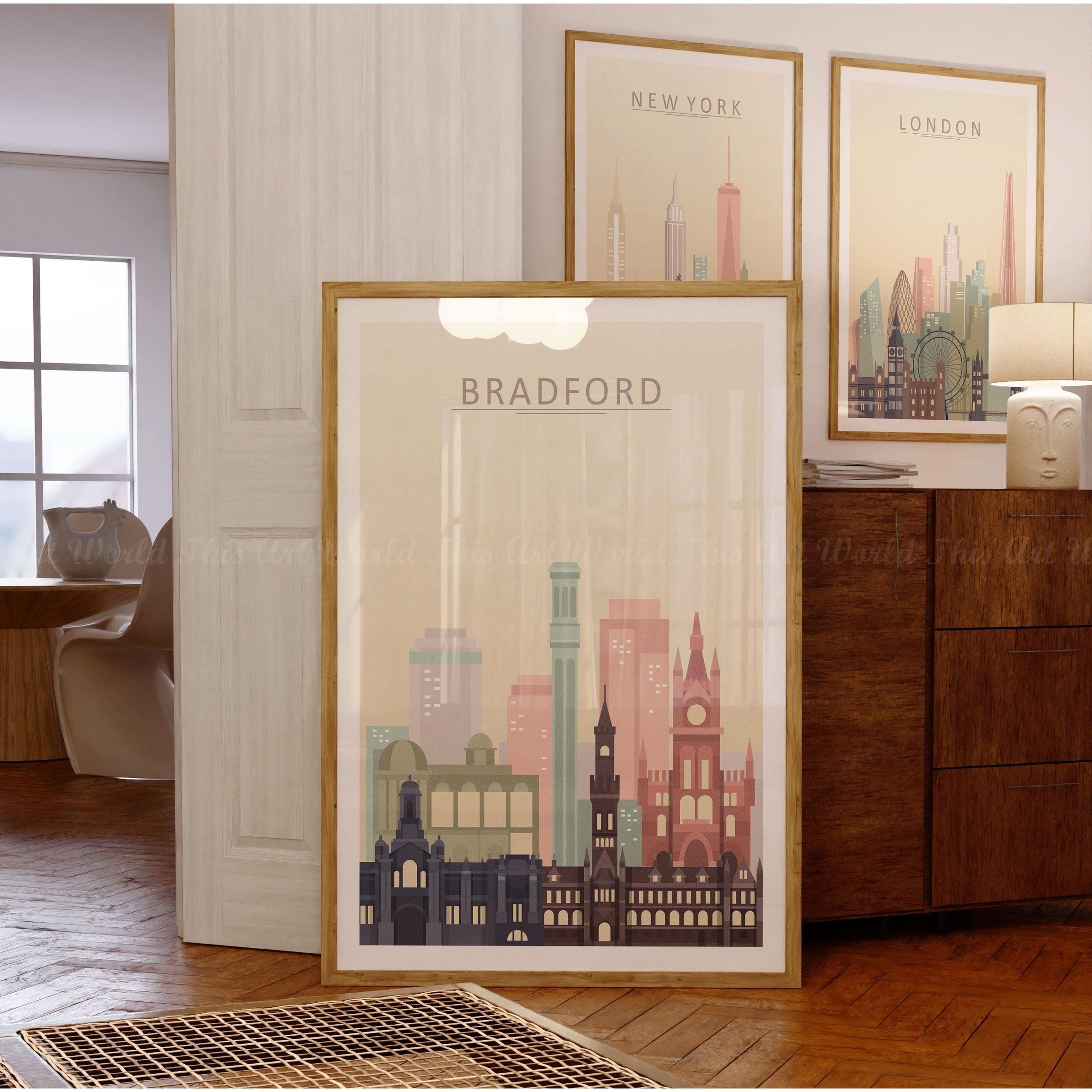 Bradford Print City Skyline Poster featuring iconic architectural landmarks in pastel tones.