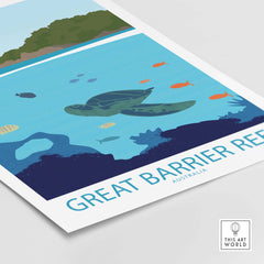 Great Barrier Reef poster featuring vibrant marine life and a turtle, designed in a minimalist vintage style.