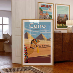 Cairo wall art print featuring a camel and pyramids, inspired by vintage travel posters.