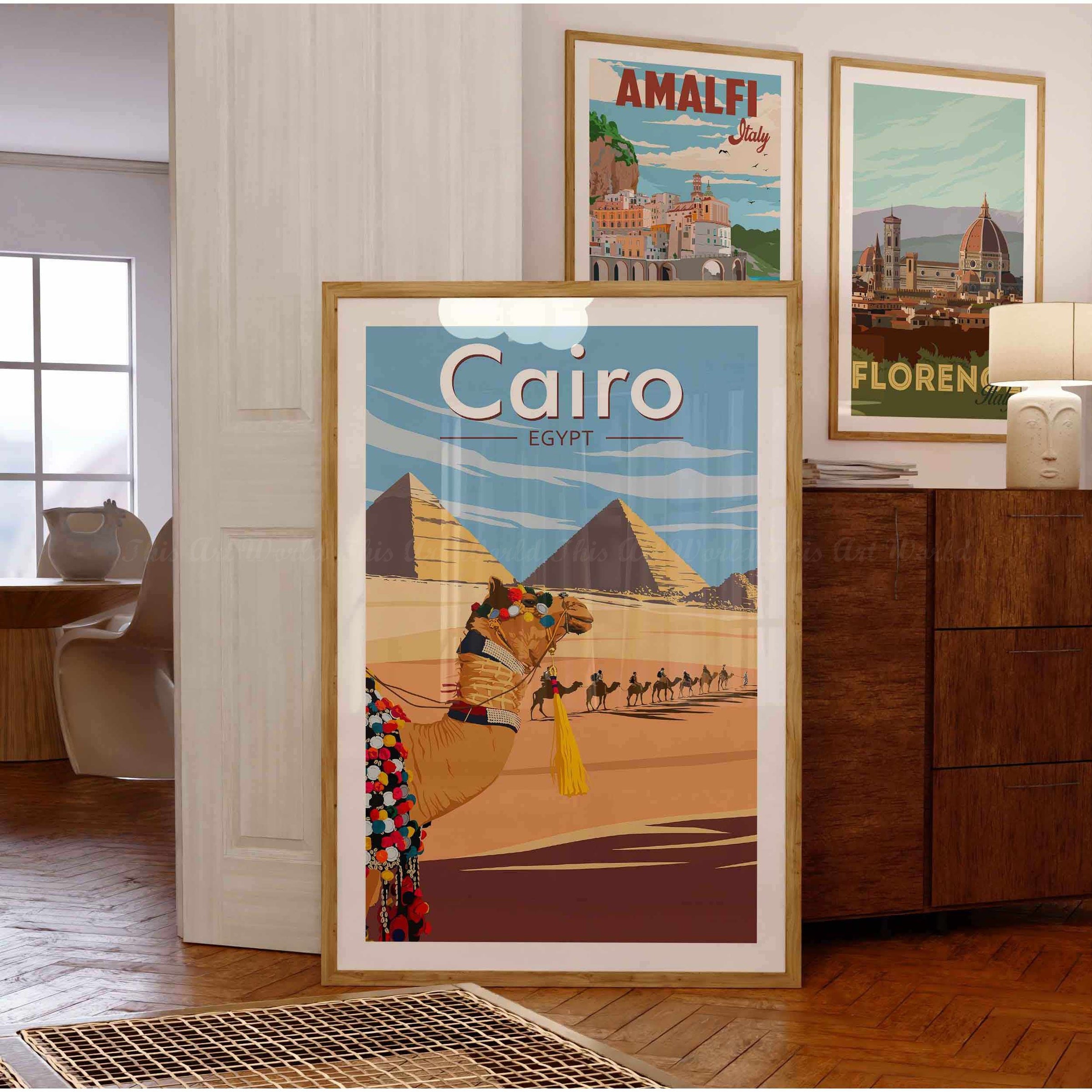 Cairo wall art print featuring a camel and pyramids, inspired by vintage travel posters.
