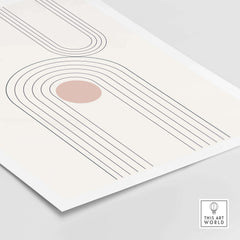 Abstract art print featuring curved lines and a circular element, showcasing mid-century modern design with vibrant colors.