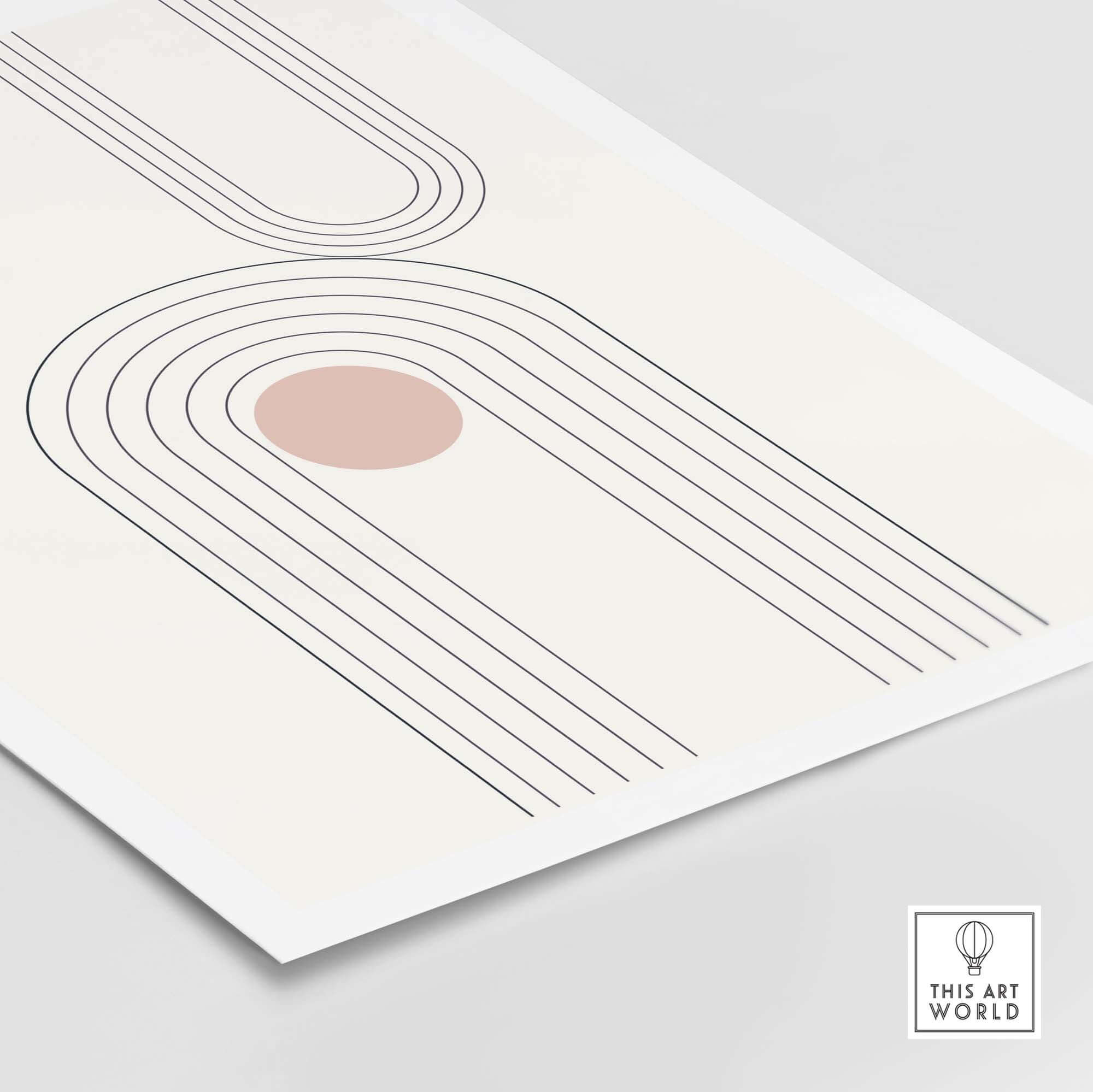 Abstract art print featuring curved lines and a circular element, showcasing mid-century modern design with vibrant colors.