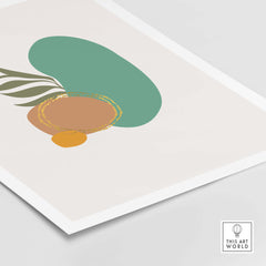 Mid Century wall art featuring abstract shapes in green, orange, and yellow, perfect for modern home decor.