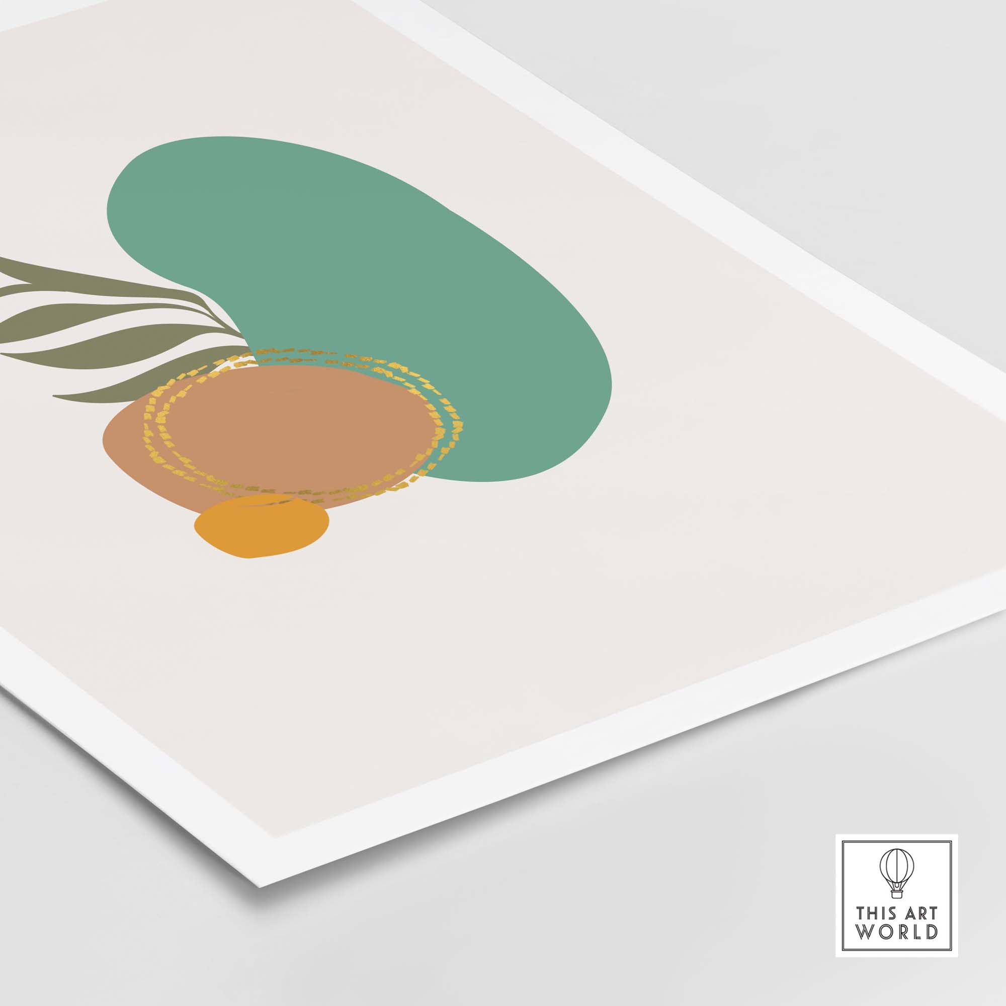 Mid Century wall art featuring abstract shapes in green, orange, and yellow, perfect for modern home decor.