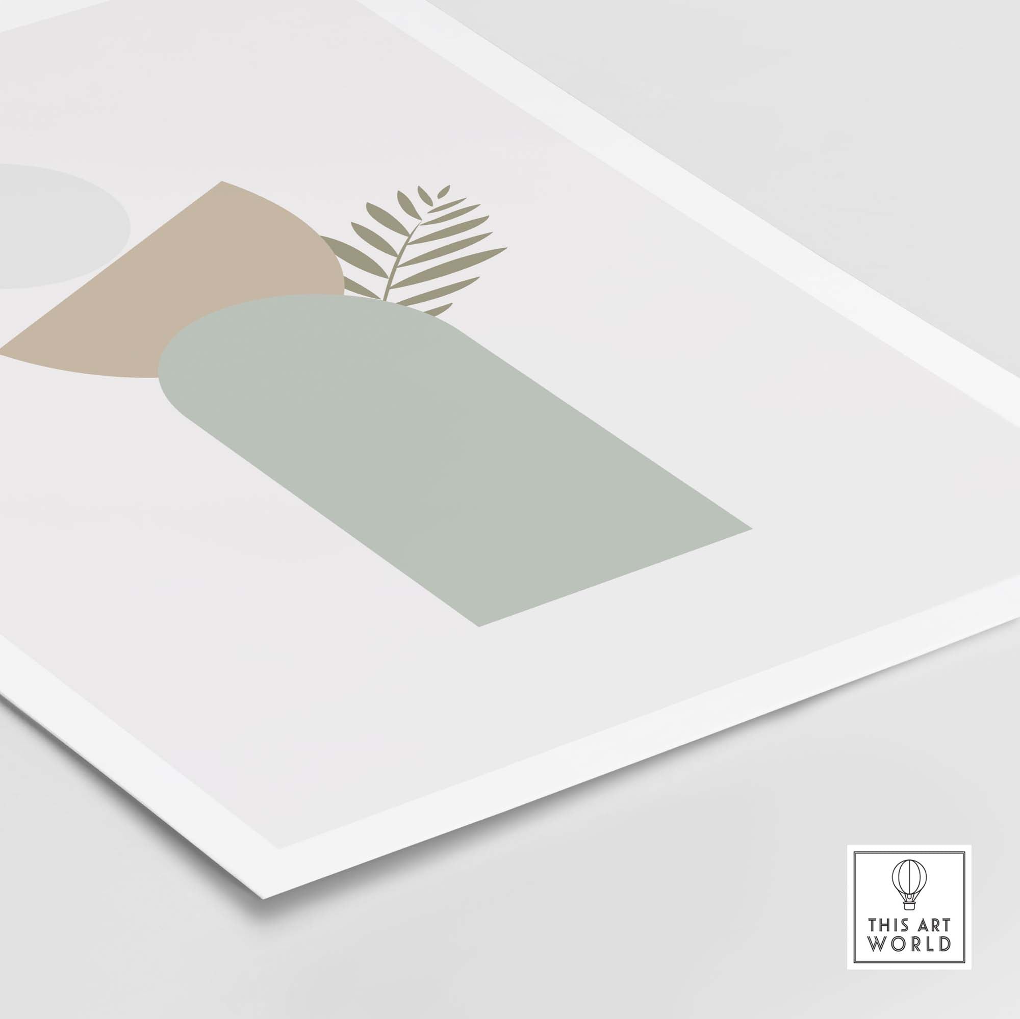 Contemporary abstract wall art featuring green shapes and a leaf, perfect for modern home decor.