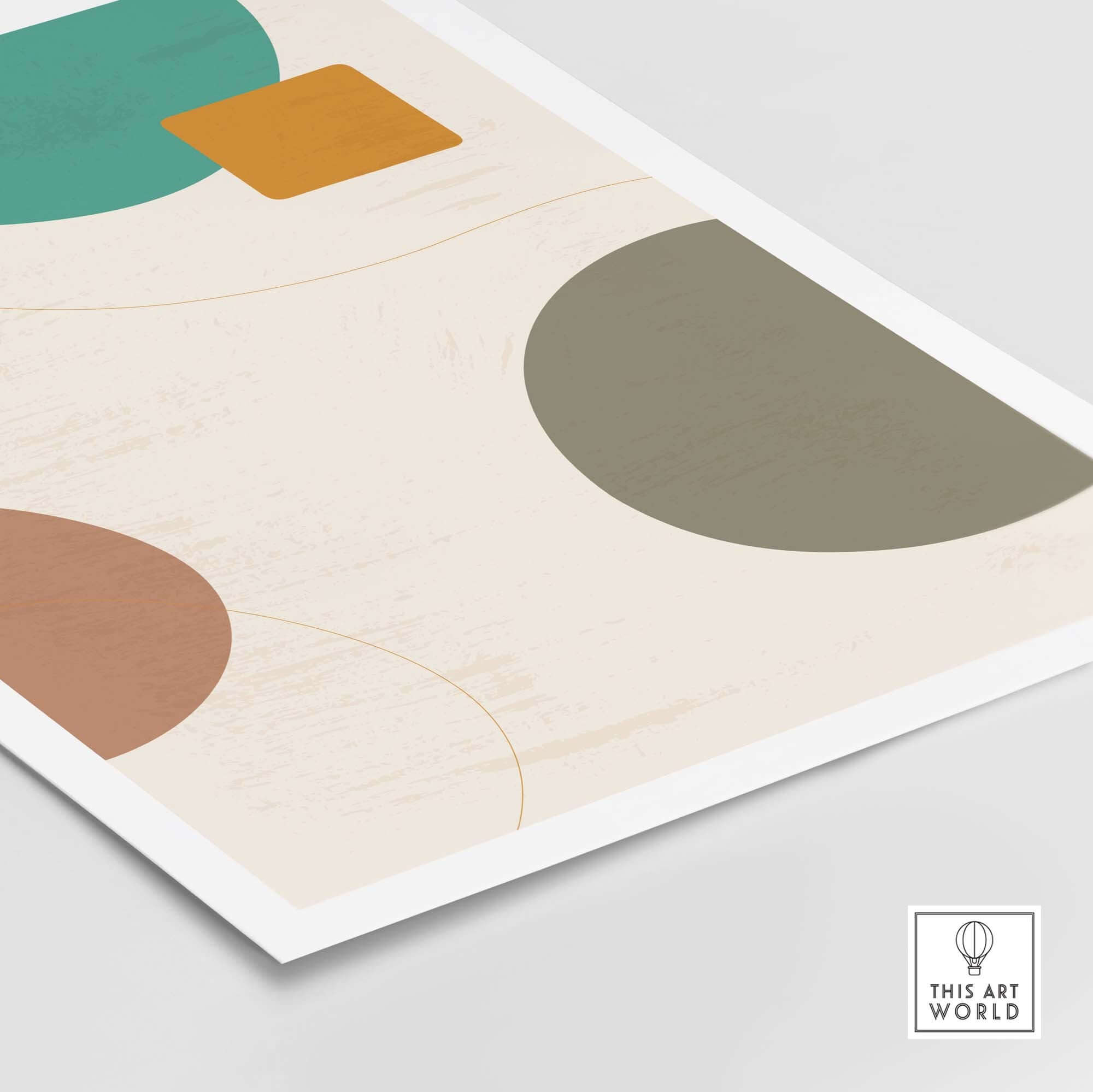 Abstract digital print featuring geometric shapes in green, orange, and brown, perfect for modern wall art decor.