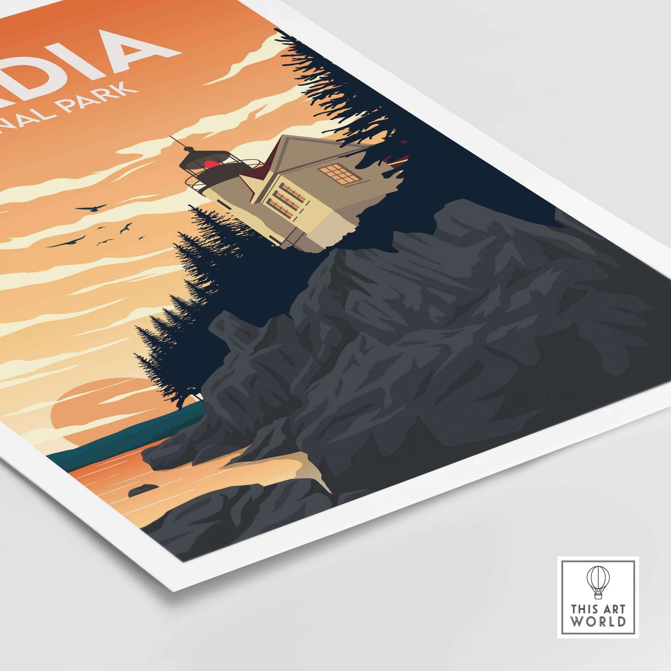 Acadia Wall Art Print featuring a lighthouse and scenic sunset, inspired by vintage national park posters.