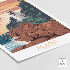 Acadia National Park vintage poster print featuring a lighthouse and rocky coastline, perfect for wall art decor.