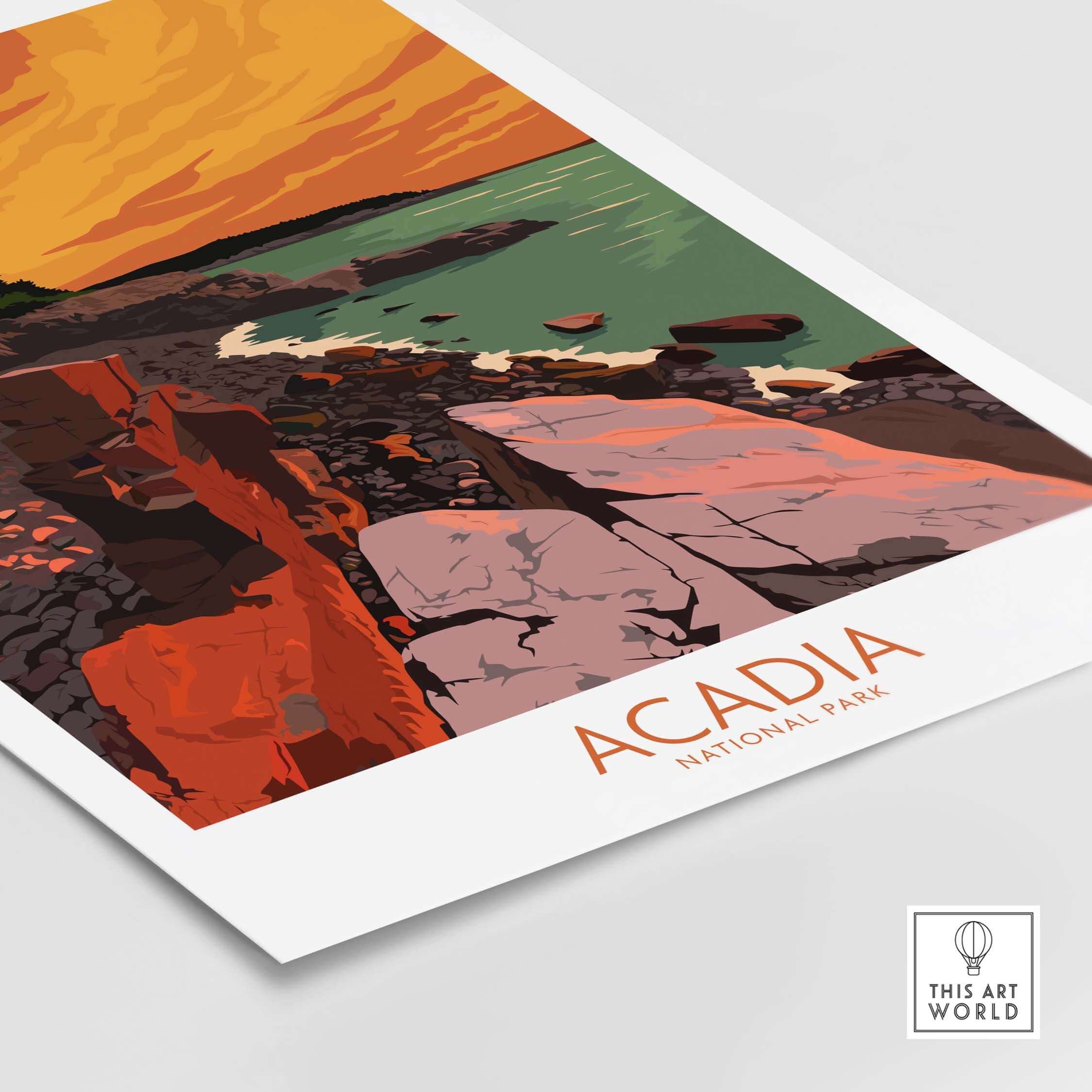 Acadia National Park wall art poster featuring vibrant colors and nature-inspired design.