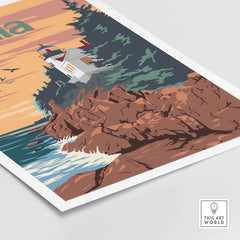 Acadia National Park poster featuring a vintage lighthouse and rocky coastline, perfect for outdoor enthusiasts.