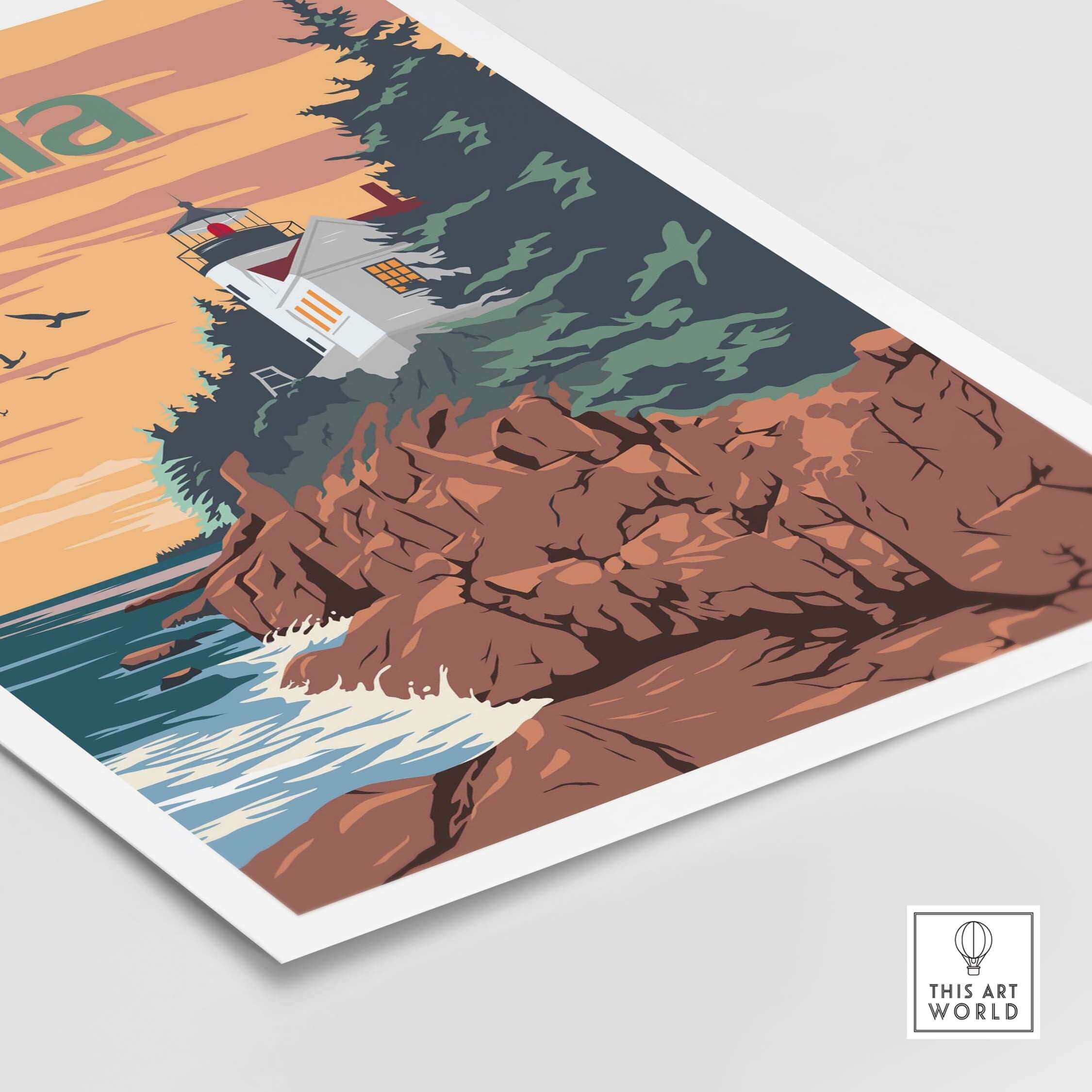 Acadia National Park poster featuring a vintage lighthouse and rocky coastline, perfect for outdoor enthusiasts.