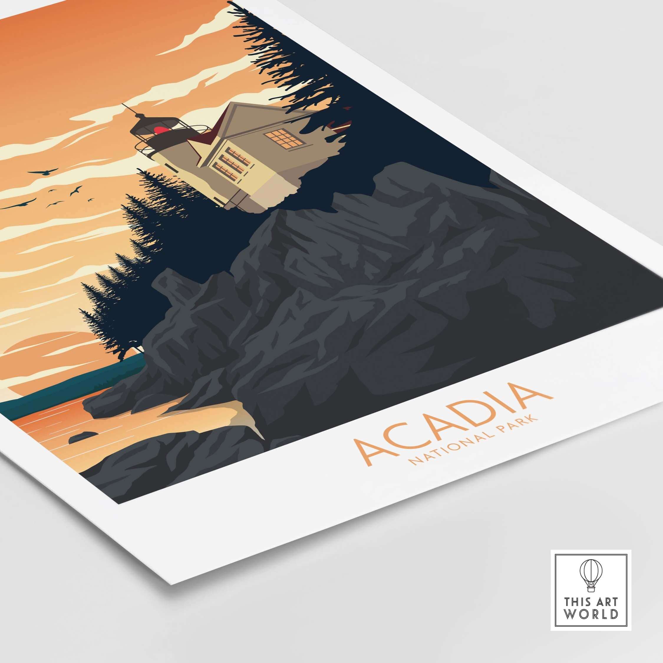 Minimalist Acadia National Park poster featuring a lighthouse and rocky coastline at sunset.