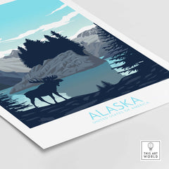 Alaska travel poster featuring moose silhouette, mountains, and lake with vintage design elements.