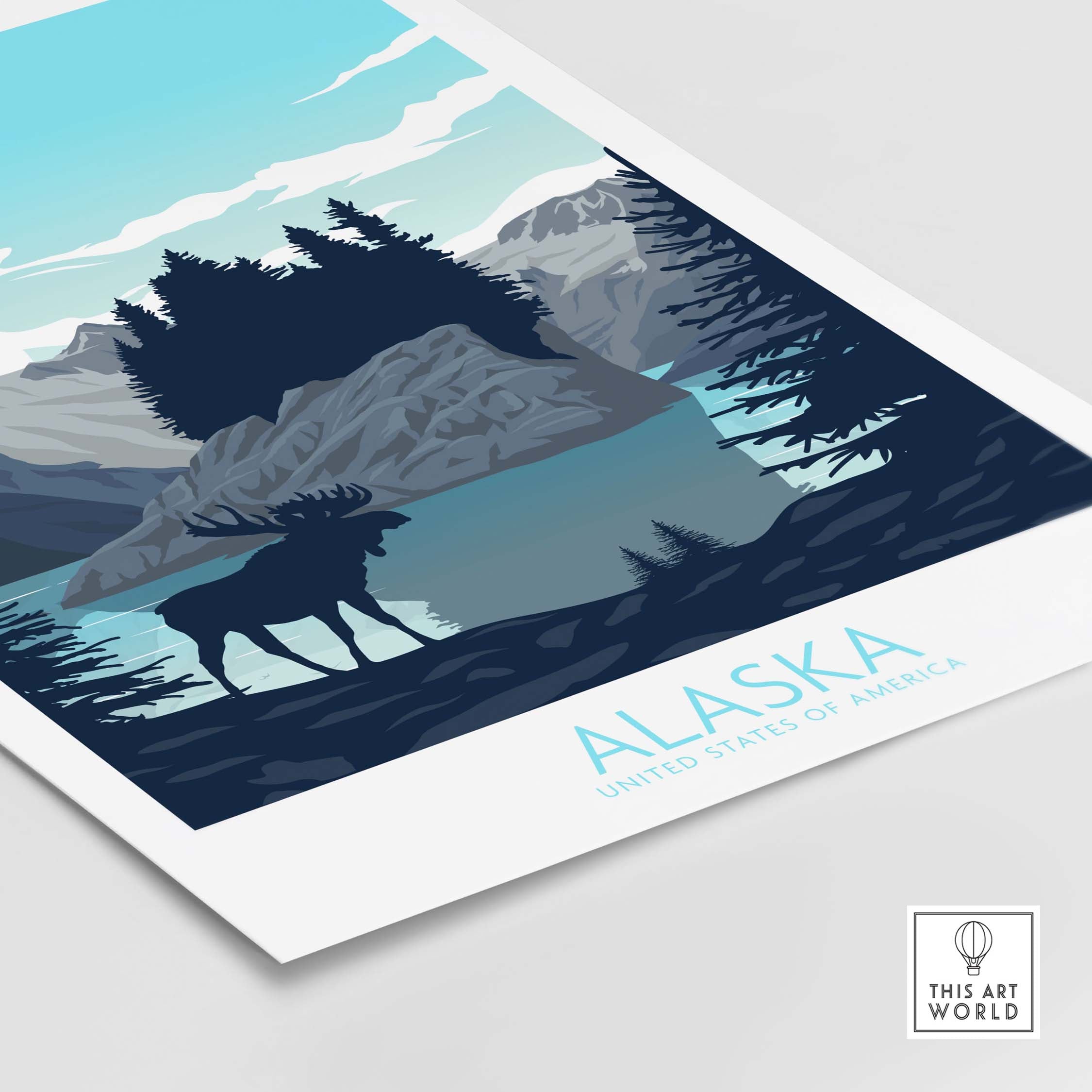 Alaska travel poster featuring moose silhouette, mountains, and lake with vintage design elements.