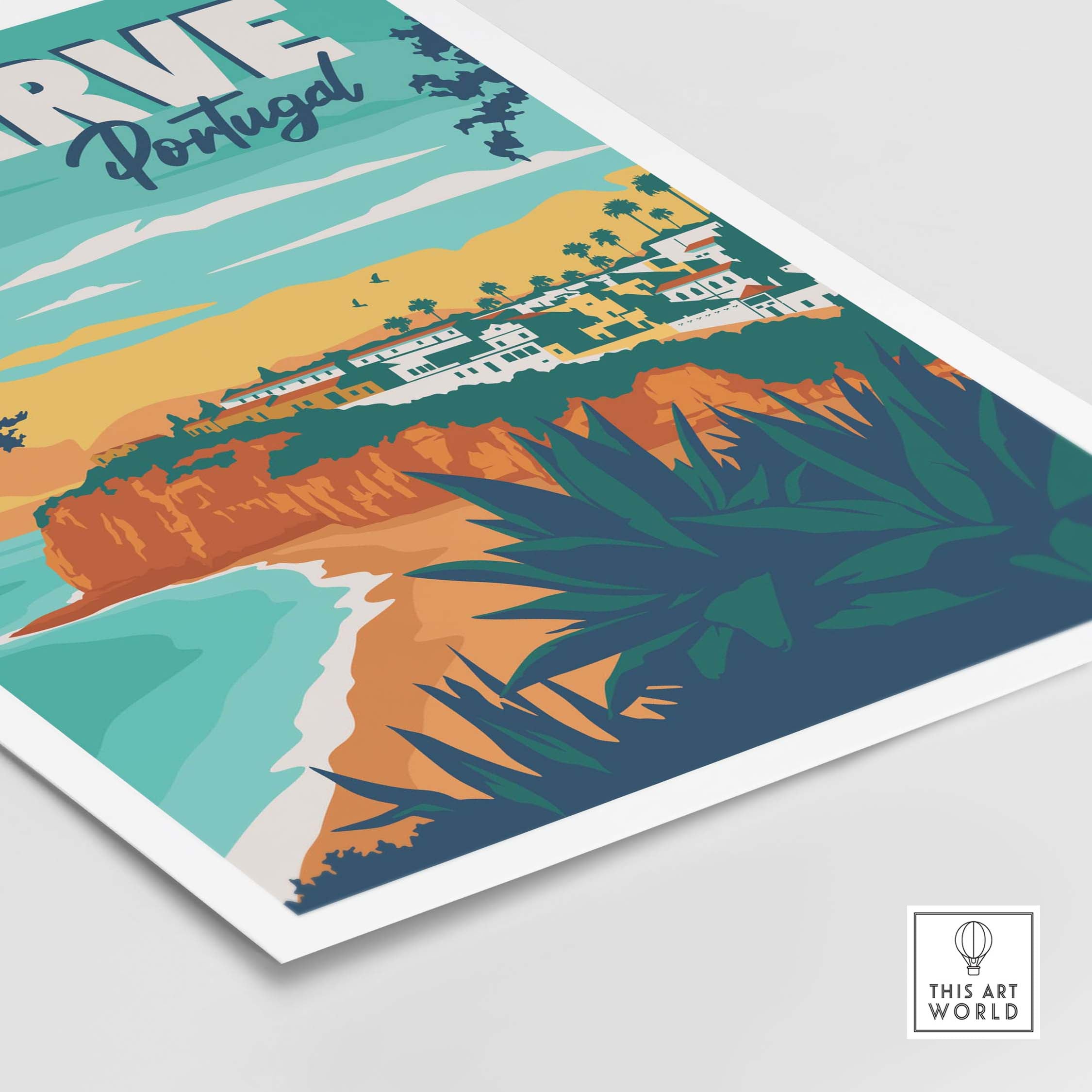 Algarve Poster Portugal featuring a vibrant coastal landscape and vintage design elements.