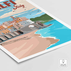 Amalfi Coast Italy vintage poster print showcasing colorful buildings and serene beach scene.