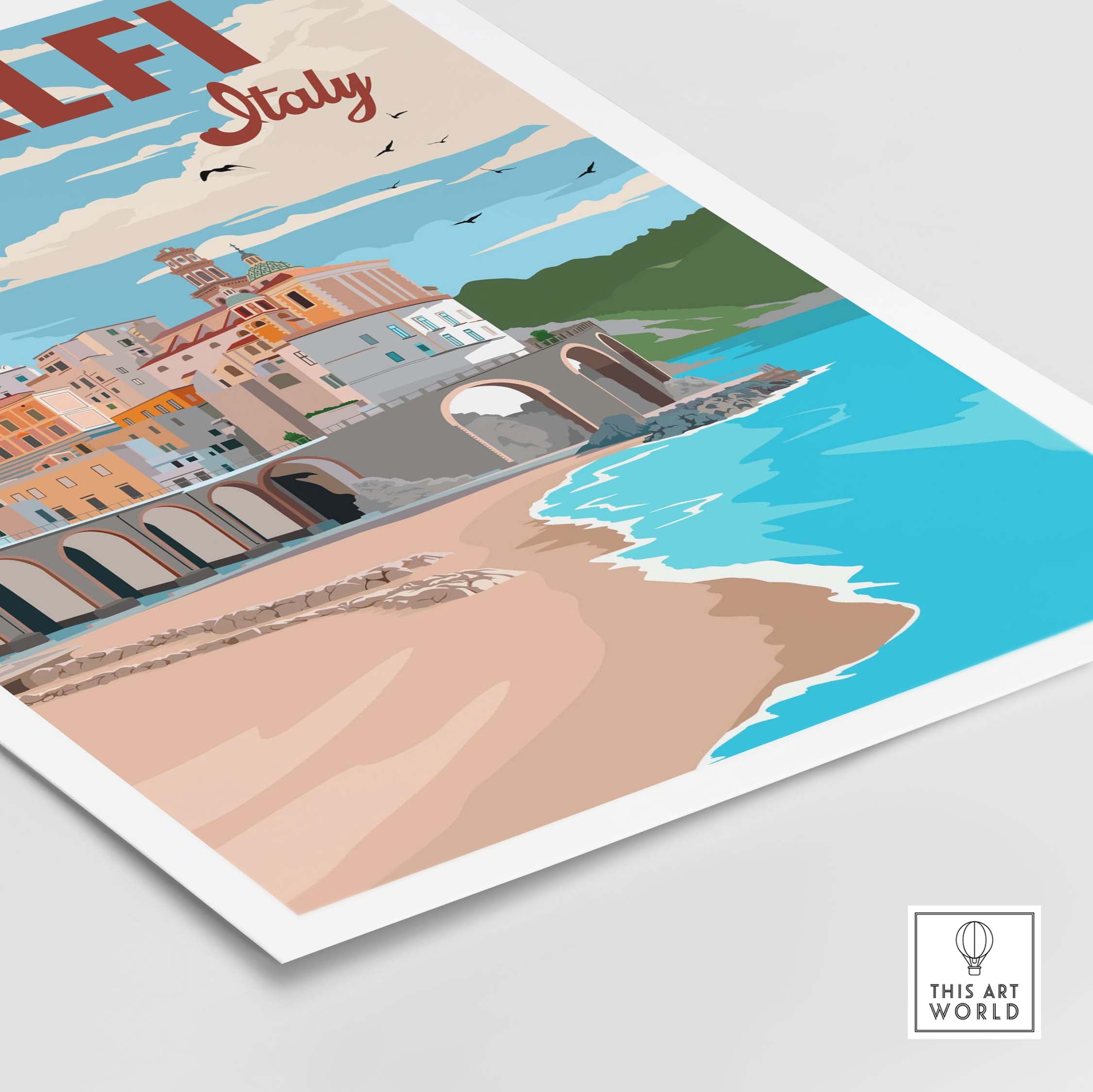 Amalfi Coast Italy vintage poster print showcasing colorful buildings and serene beach scene.