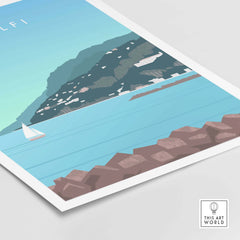 Amalfi Coast Italy print featuring serene seascape and coastal landscapes, inspired by vintage travel posters.