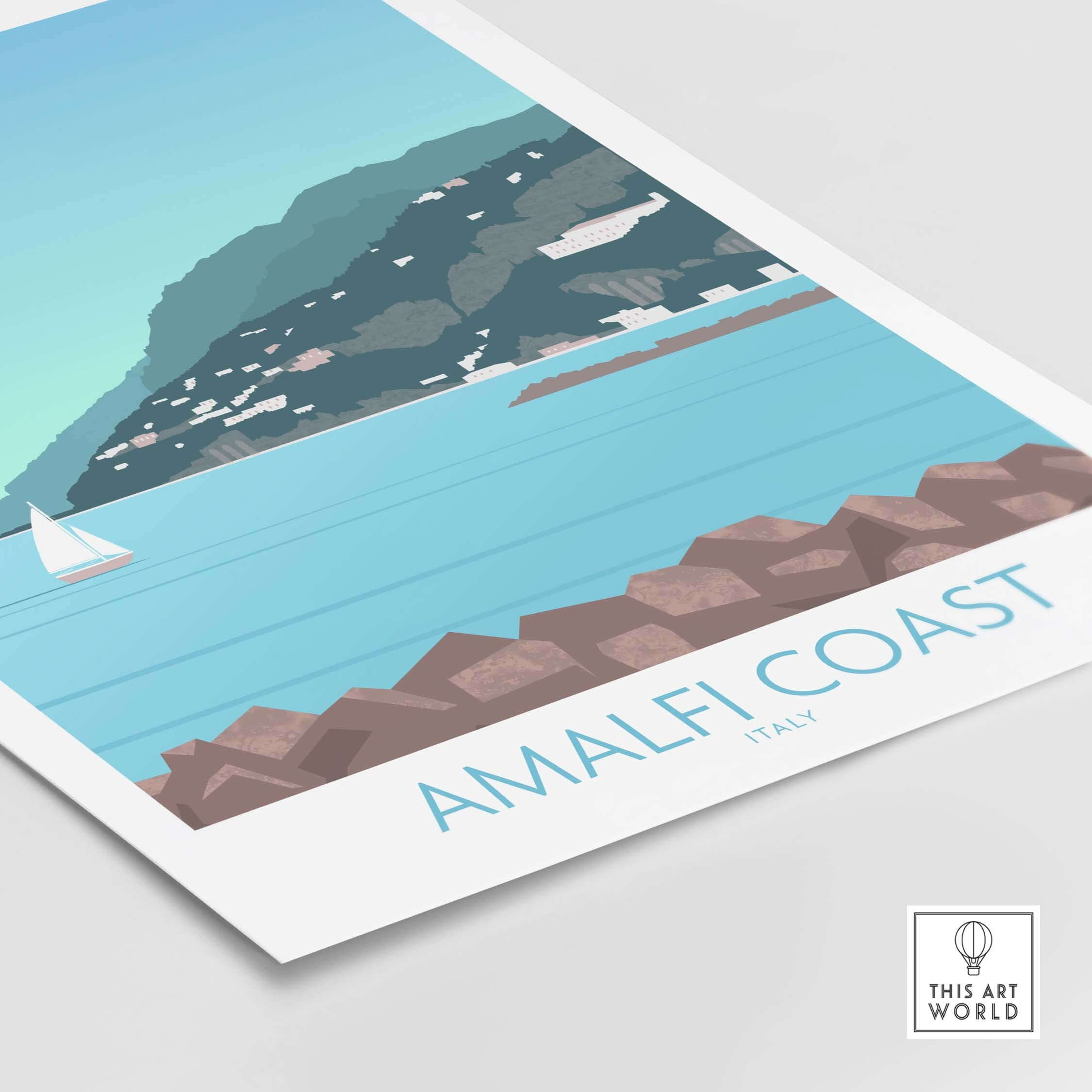 Amalfi Coast Print featuring a serene coastal landscape, ideal for vintage travel art lovers.