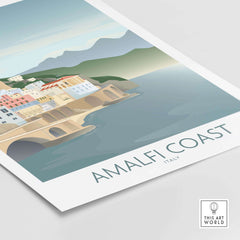 Minimalist Amalfi Coast wall art print showcasing colorful buildings and serene waters in Italy.