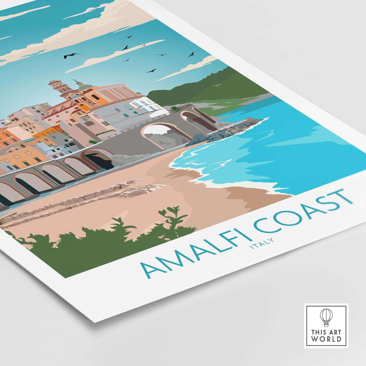 Amalfi Coast poster featuring colorful vintage artwork of coastal buildings and ocean waves.
