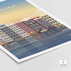 Amsterdam Wall Art Poster Print featuring colorful Dutch buildings and reflections in water.