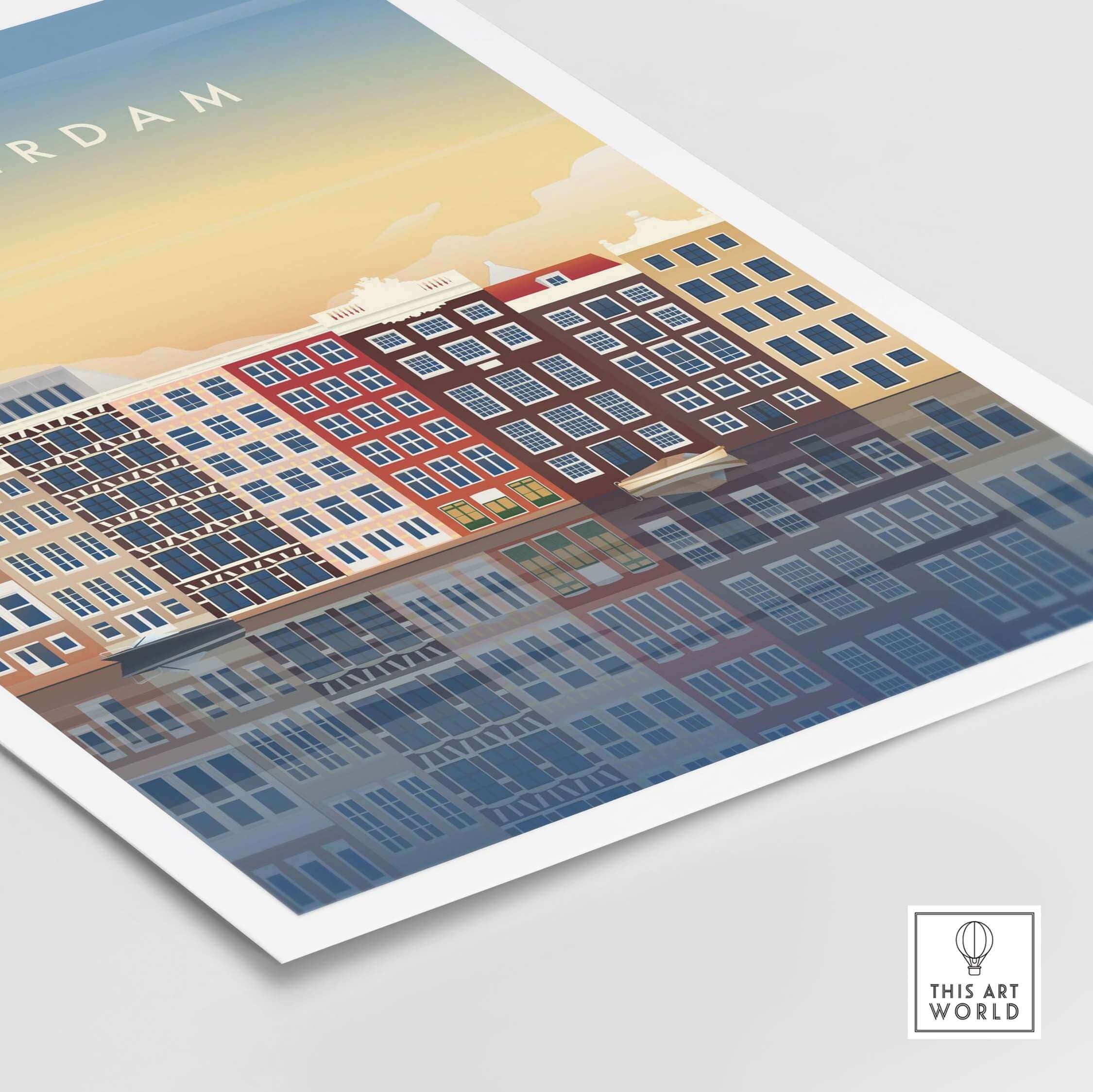 Amsterdam Wall Art Poster Print featuring colorful Dutch buildings and reflections in water.