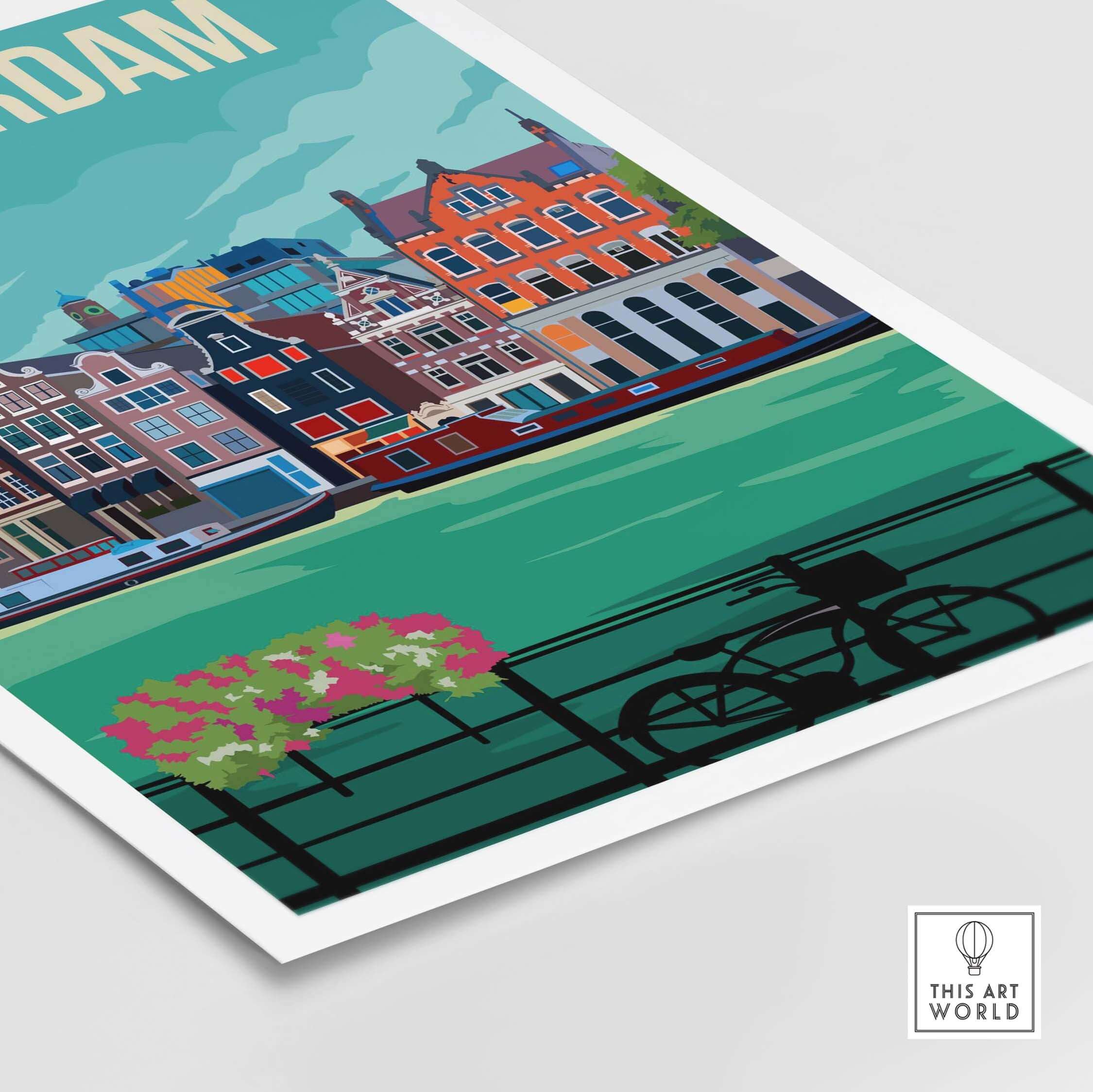 Amsterdam vintage print poster featuring colorful Dutch canal houses and a bicycle near the water.
