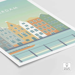 Amsterdam Print Wall Art Poster featuring colorful canal houses and a boat along the water, perfect for home decor.