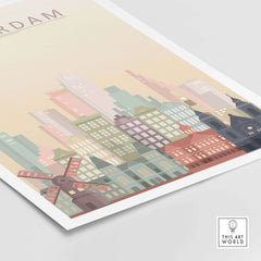 Amsterdam skyline print featuring iconic canal houses, windmills, and pastel colors for stylish wall art.