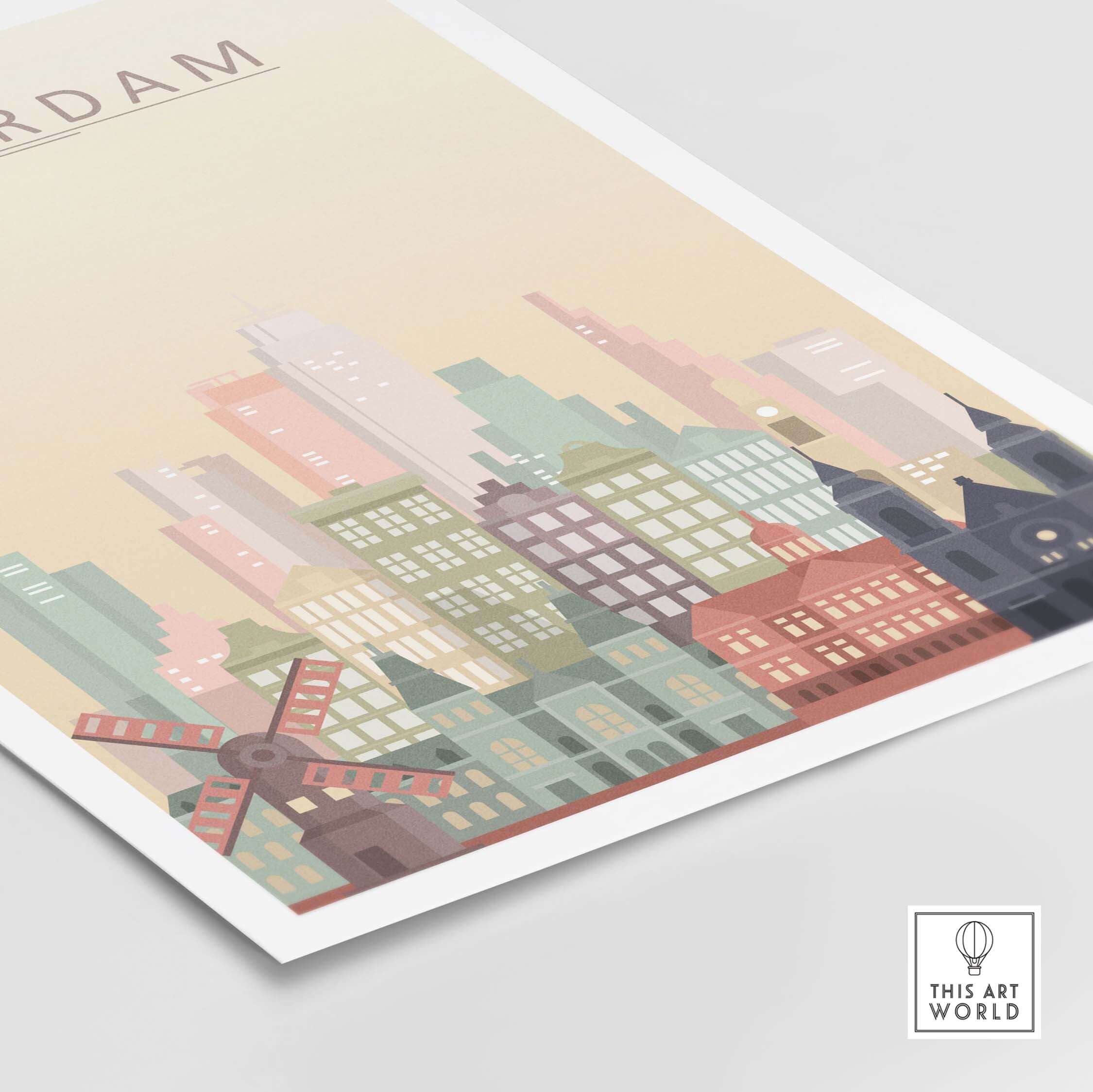 Amsterdam skyline print featuring iconic canal houses, windmills, and pastel colors for stylish wall art.