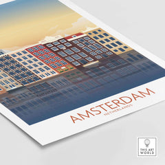 Amsterdam wall art print showcasing colorful buildings reflecting in water, perfect for travel enthusiasts and home decor.
