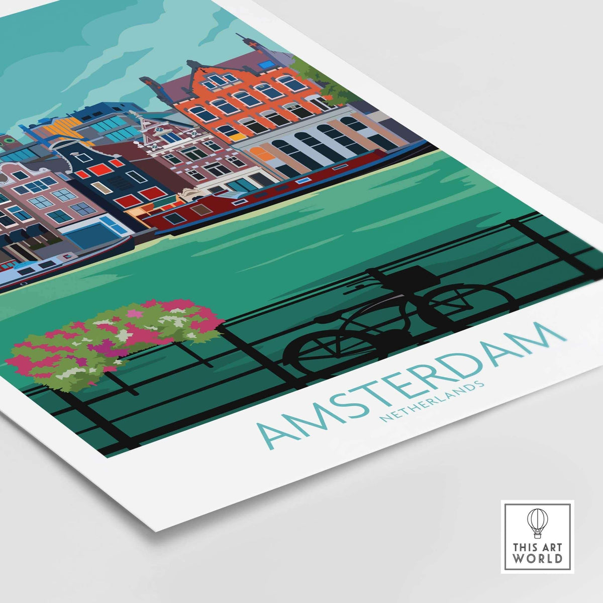 Amsterdam Poster Print featuring colorful canal houses and a bicycle, perfect for travel art decoration.