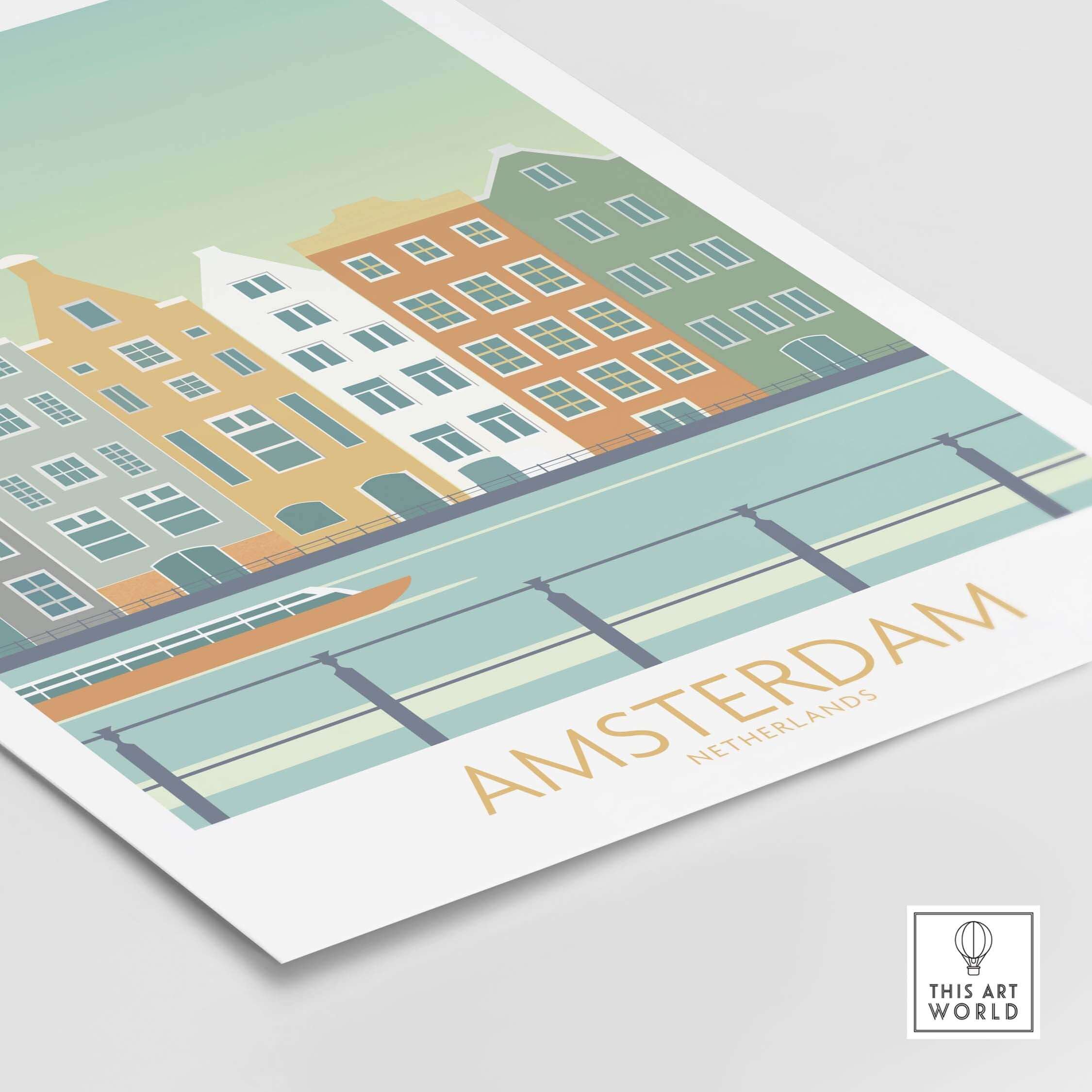 Amsterdam print featuring vintage-style buildings and a serene canal scene, ideal for home or office decor.