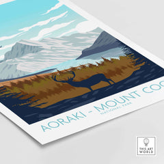 Mount Cook Aoraki vintage travel poster featuring mountains and deer in National Park, ideal for home or office decor.