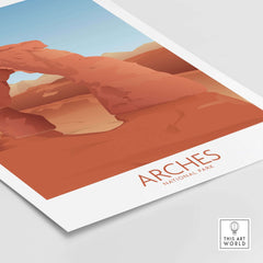 Minimalist Arches National Park art print showcasing iconic red rock formations and blue skies, perfect for home decor.