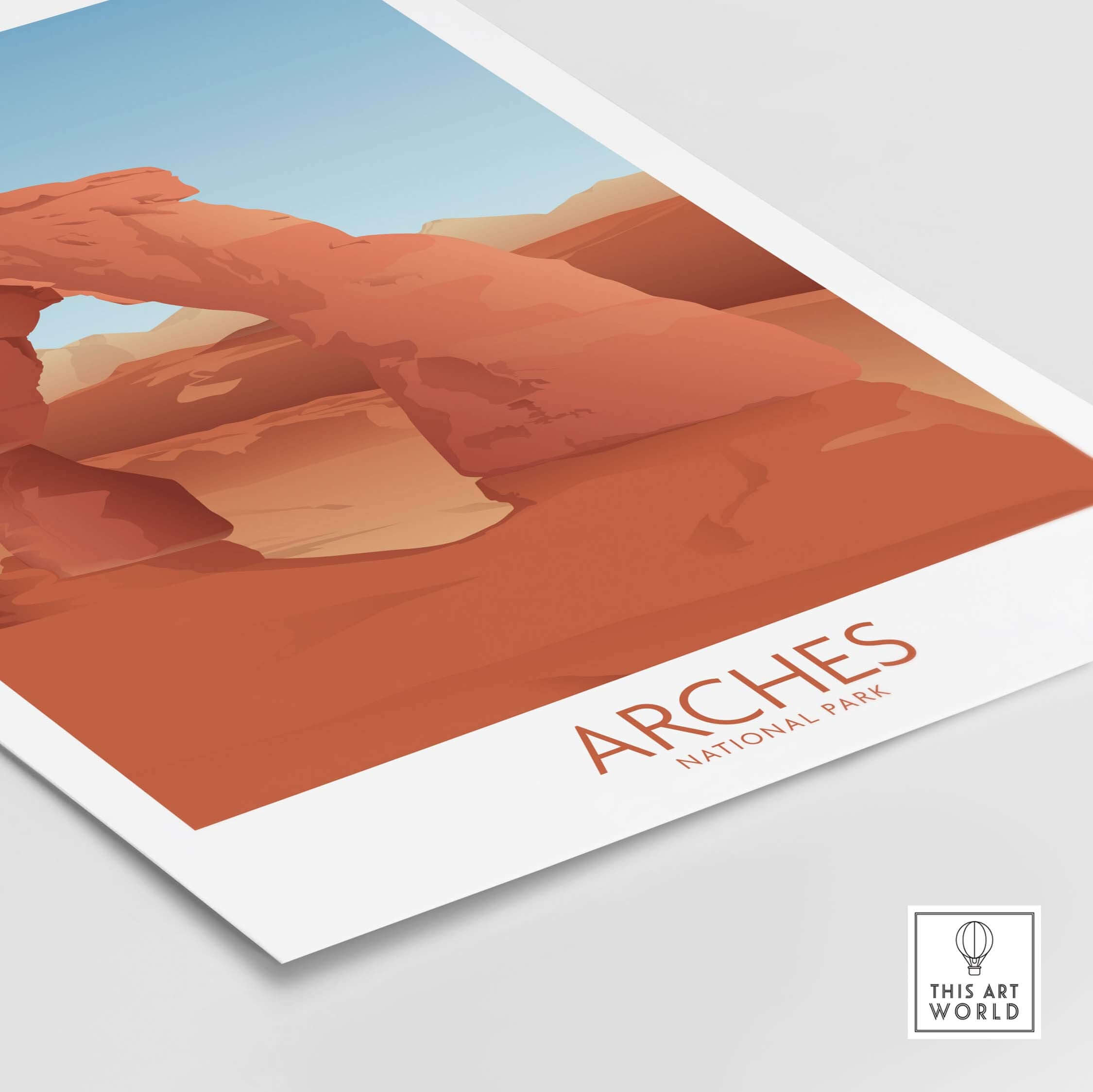 Minimalist Arches National Park art print showcasing iconic red rock formations and blue skies, perfect for home decor.